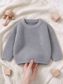 1pc Baby Knit Solid Color Round Neck Pullover Long Sleeve Sweater, Baby Boy Minimalist Style Knit Top, Versatile Outfit For - Grey - View 1