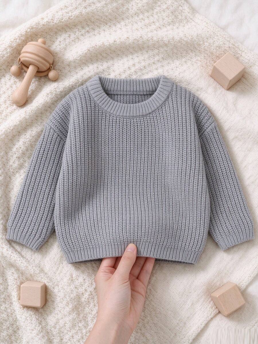 1pc Baby Knit Solid Color Round Neck Pullover Long Sleeve Sweater, Baby Boy Minimalist Style Knit Top, Versatile Outfit For - Grey - View 1