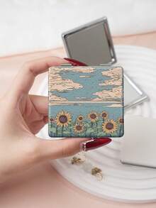 1PC Ins Landscape Series Portable Vanity Mirror, Foldable Lightweight Ultra-Thin Convenient Hand Mirror, PU Leather, Suitable For Multiple Scenarios And All People, Foldable Small Square Mirror, Pocket Mirror, Fresh Clover Sunflower Daisy Sky Printed Pattern Design, Exquisite Handheld 180° Flip Cover Multifunctional - Multicolor - View 9