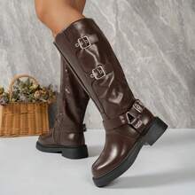 Multi-Buckle Thick Sole High Shaft Knight Boots, Retro Round Toe Side Zipper Height-Increasing Long Boots - Brown - View 5