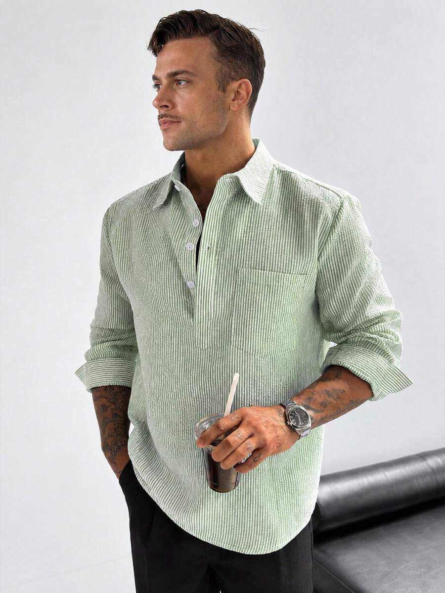GloMan Men's Textured Half-Open Collar Casual Shirt, Old Money Style Loose Fit Linen Blend Long Sleeve Pullover, Couple Style, Vacation Vibe, Father's Gift - Green - View 1