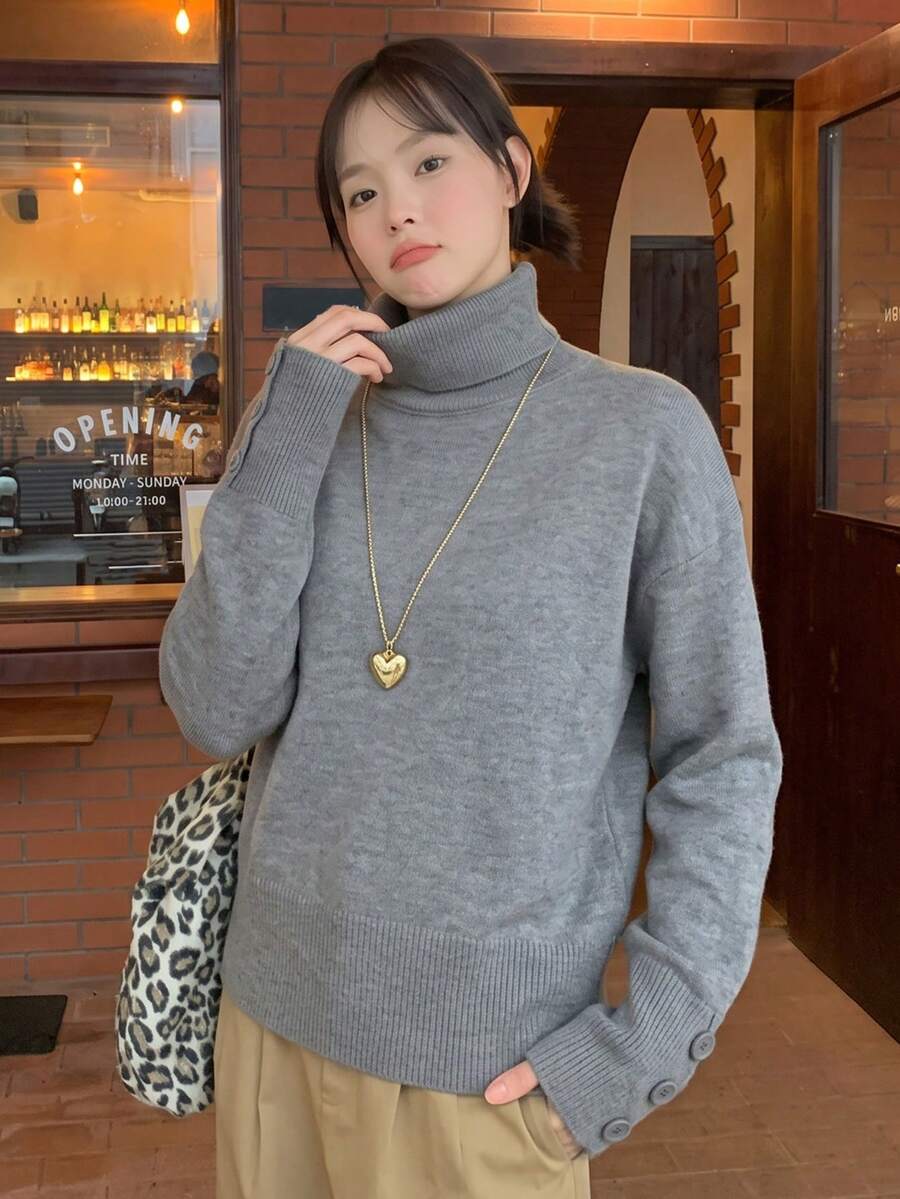 Women's Minimalist Commuter Style Solid Color High Neck Button Hem Drop Shoulder Long Sleeve Slim Fit Waist Soft Knit Sweater, Autumn/Winter - Grey - View 1