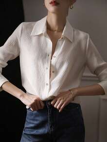 YUXIN Women's Textured White Shirt Long Sleeve Button Front Collar Loose Minimalist Top For Office Business Fall Daily Commute Wear Blouse - White - View 6