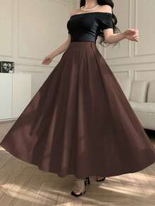 Flowing, Crisp Coffee Brown Solid Color Maxi Skirt For Commute/Date/Casual Wear, Pleated Flared Details, Pockets, Versatile, Daily Wear Spring - Coffee Brown - View 5