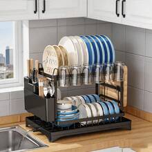 1pc Double-Layer Carbon Steel Dish Drying Rack, Space-Saving Kitchen Countertop Organizer With Drip Tray, Knife & Utensil Holder And Cutting Board Rack, Suitable For Knives, Forks, Bowls And Plates, Space-Saving Design - Multicolor - View 1