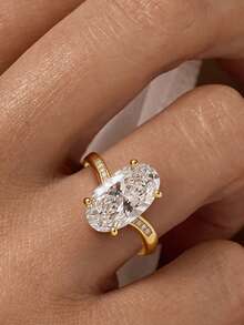 1pc 18K Gold Plated Luxury White Gemstone Ring, Oval Center Stone Ring, Cross Rhinestone Ring, Exquisite Holiday Party Gift For Women - Yellow Gold - View 9