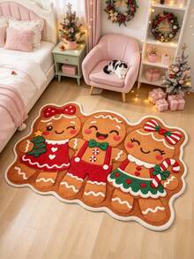 1pc 2D Printed 3 Gingerbread Men Decorative Rug, Thickened Rug, Thick Rug, Plush Rug, Autumn/Winter Rug, Thickened Rug, Decorative Rug, Bedroom Decor, Small Rug, Rug, Home Decor, Living Room Rug, Living Room Small Rug, Bedroom Rug, Living Room Home Decor, Outdoor Rug, Washable Rug - Multi-color a - View 3