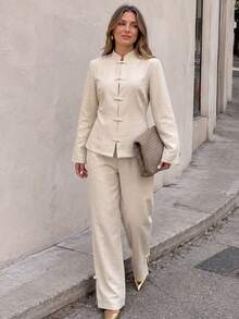 Women's Apricot 2 Pieces Set Non-Stretch Stand Collar Frog Button Long Sleeve Top & Wide Leg Pants Casual Outfit - Apricot - View 4
