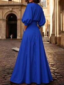 Solid Color Printed Belt Decor V-Neck Puff Sleeve A-Line Maxi Dress Summer Elegant - Blue - View 2