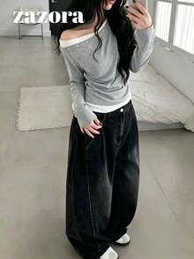 Design Contrast Color 2 In 1 Asymmetric Shoulder Long Sleeve T-Shirt, Sweet Cool Hot Girl Style Versatile Slim Fit Top - Light Grey - View 7