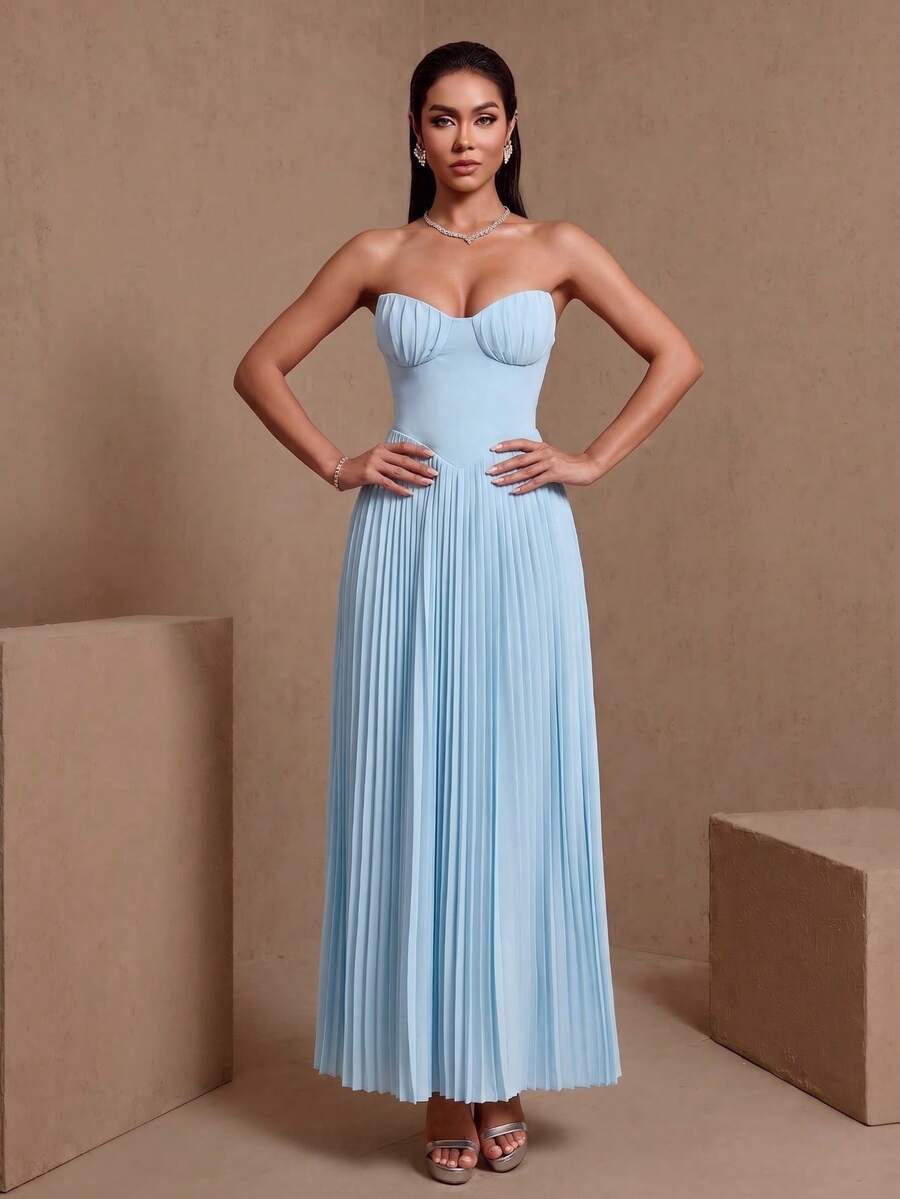 Elegant Sexy Gathered Waist Bandeau Party Maxi Dress Wedding Spring - Blue - View 1