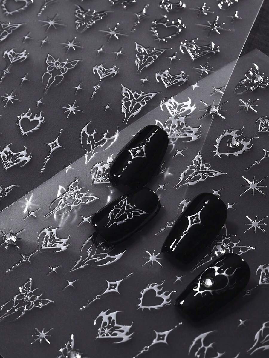Beautizon Nailartlab 1件裝銀色愛心、星星、蝴蝶水鑽美甲貼紙,2件自黏式貼紙,美甲沙龍工具組,DIY龐克風3D美甲貼紙與美甲工具 - 彩色 - 查看 1