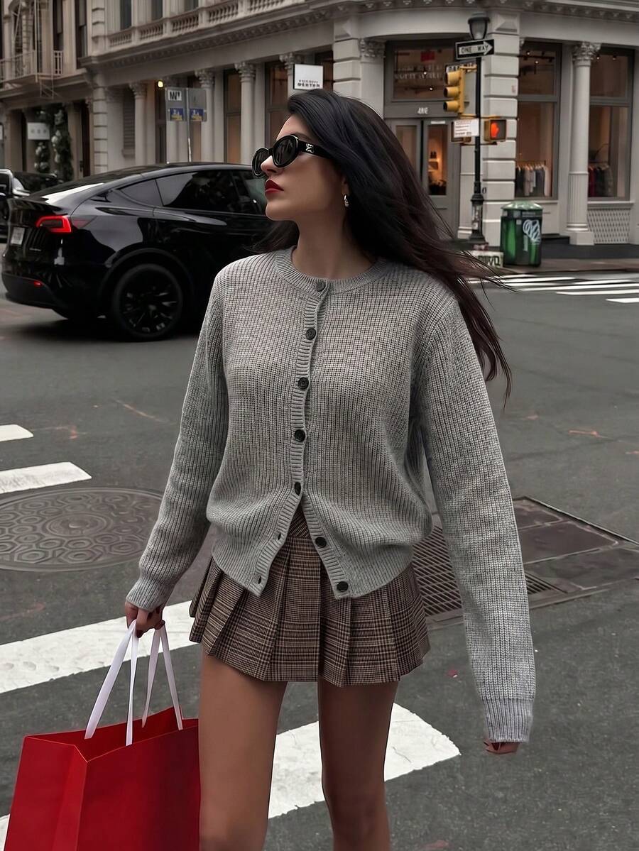 Spring Autumn Winter New Women's Minimalist Solid Color Pique Textured Casual Loose Commute Lazy Comfortable Versatile Long Cardigan Sweater Knitwear - Grey - View 1