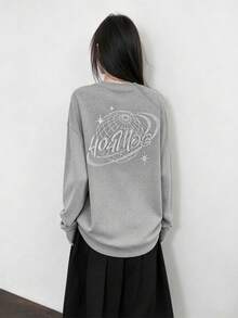 Áo thun tay dài dáng rộng màu trơn đính chữ đá rhinestone, áo top casual đa năng - Xám - Xem 6