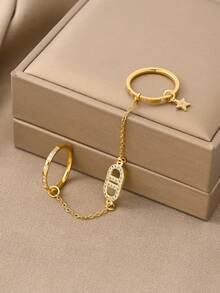 1 Pair Gold-Tone Stainless Steel Letter D Zirconia Linked Finger Rings - Yellow Gold - View 3