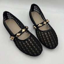 Women's Mesh Hollow-Out Mary Jane Flat Shoes, Low Vamp Strap Rivet Decor Breathable Woven Soft Sole Daily Commute Shoes - Black - View 7