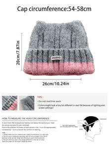 1pc Adorable Cat Ear Colorblock Knitted Beanie Hat For Women, Warm And Versatile, Face-Slimming Woolen Headwear For Autumn/Winter - Color-block Turned-edge Cat Ears - View 2