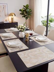 2-12pcs Gold Green Leaf Placemats, PVC Material Minimalist Style Foil Stamping Craft Vase Mat, Table Decor, Washable, Easy To Clean, Wipeable, Non-Slip, Heat Resistant, Table Mat, Suitable For Room Decoration, Home Table Decoration, Home Decor, Holiday, Party, Birthday, Wedding And Dinner - Multicolor - View 6