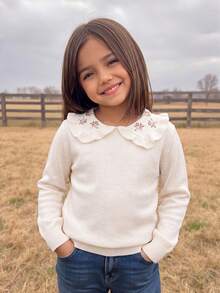 Young Girl Elegant Embroidered Collar Long Sleeve Knit Sweater - Beige - View 2