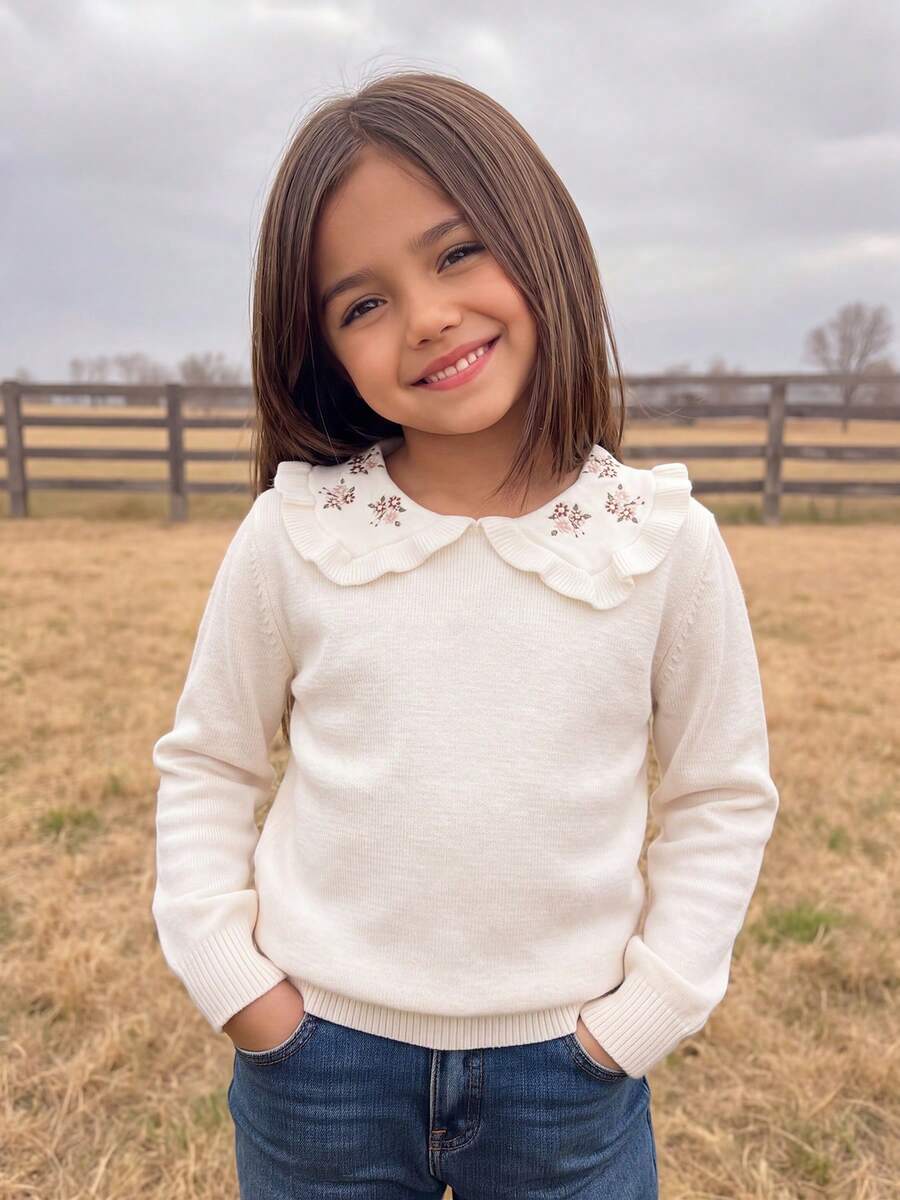 Young Girl Elegant Embroidered Collar Long Sleeve Knit Sweater