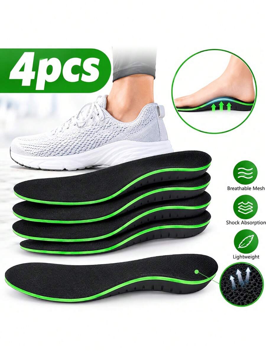 2 Pairs Unisex Sports Shock-Absorbing Arch Support Full-Length Insoles, Pressure Relief & Rebound Foot Protection, Outdoor Shoe & Boot Accessories - Black - View 1