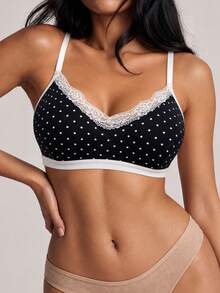 Women's Fashion Polka Dot Lace Patchwork Bra, Comfortable Wire-Free Backless Lingerie - Black - View 3