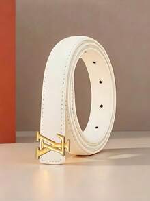 Ladies Versatile Thin Faux Leather Belt, Classic Geometric Shape Gold Buckle, Stylish Waistband For Office, Party And Daily Matching - Multicolor - View 3