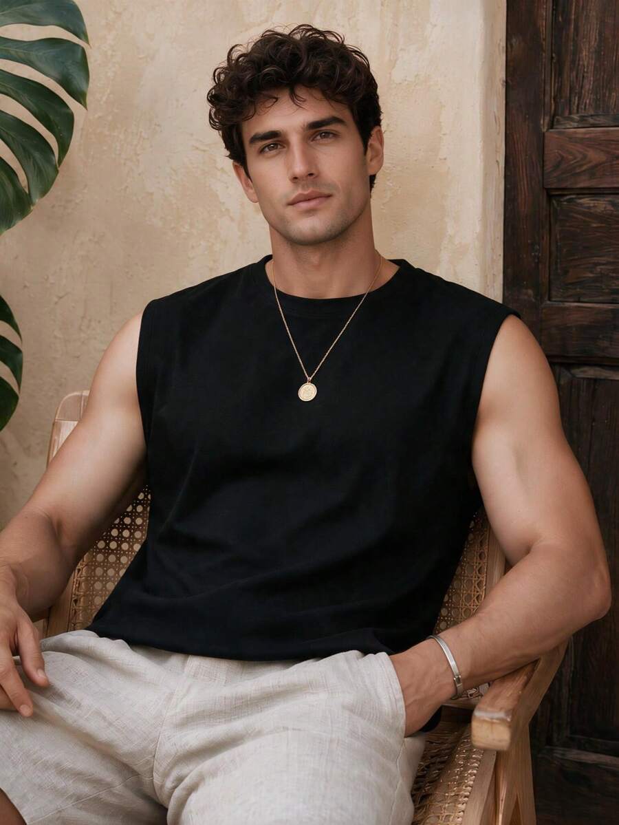 Men's Solid Color Crew Neck Casual Versatile Tank Top - Black - View 1