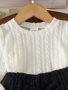 2pcs Baby Girl Fresh Artistic Style Round Neck Long Sleeve Top & Corduroy Bowknot Button A-Line Skirt Set, Spring Autumn Thin - Navy Blue - View 5