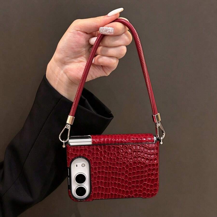 Luxury Classics Dark Red Crocodile Pattern Phone Case With Protable Strap Compatible With IPhone Duo Fold Ultra 18 Fold Case Anti-Drop Back Cover - Burgundy - View 1
