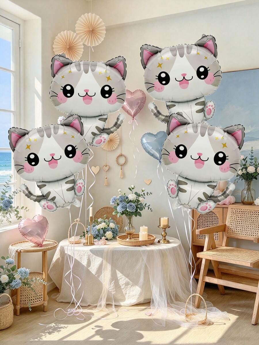 1 Set White Cat Balloons With Star Pattern, Suitable For Girls ...