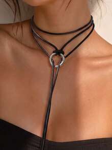 1 buah Kalung Panjang Liontin Rivet Wanita, Kulit PU & Logam, Gaya Minimalis yang Dipersonalisasi, Cocok untuk Pemakaian Sehari-hari dan Paduan untuk Pesta - Hitam - View 1