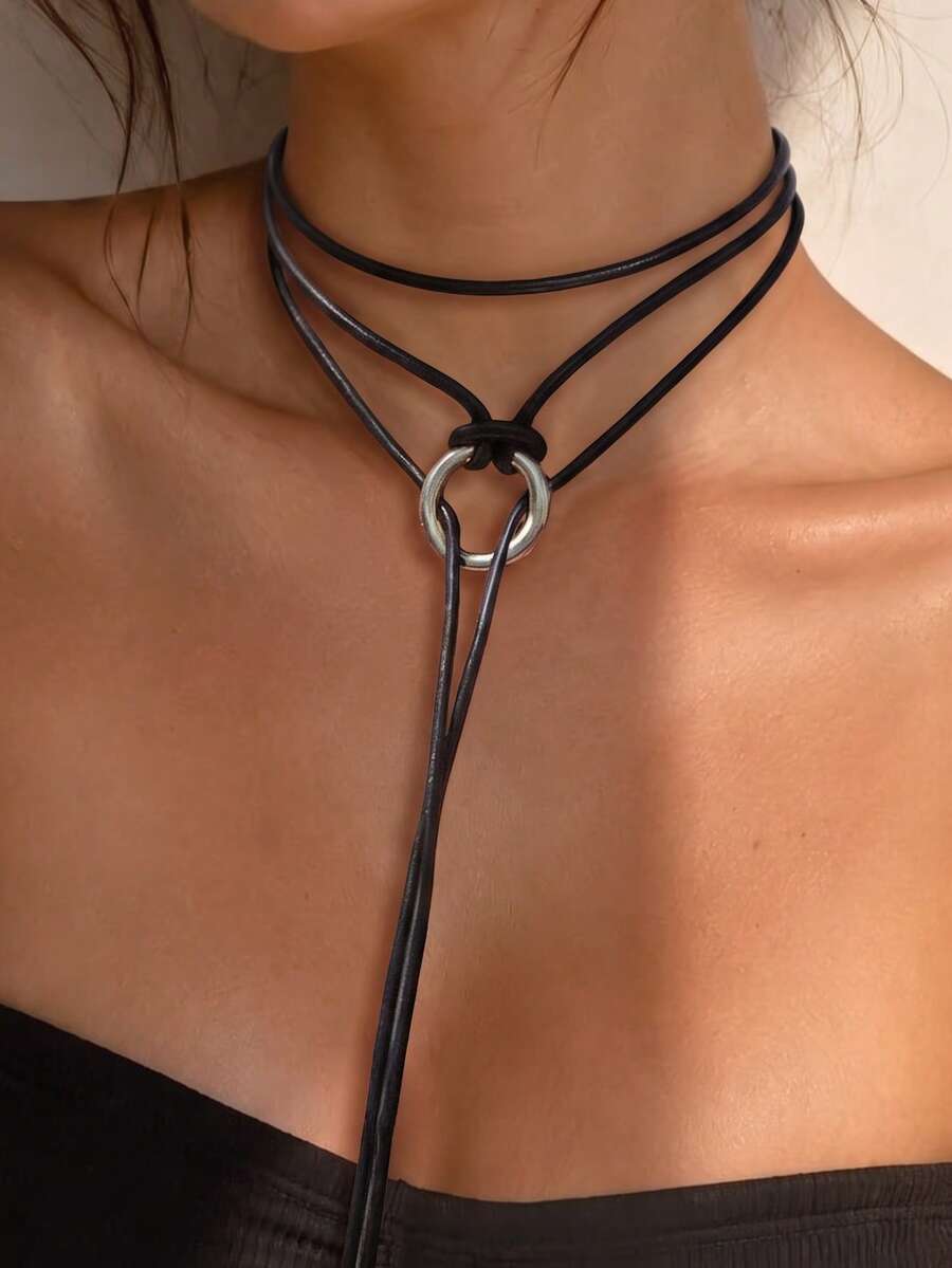 1 buah Kalung Panjang Liontin Rivet Wanita, Kulit PU & Logam, Gaya Minimalis yang Dipersonalisasi, Cocok untuk Pemakaian Sehari-hari dan Paduan untuk Pesta - Hitam - View 1