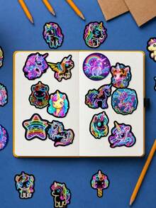 50pcs Neon Rainbow Horse Stickers, Dreamy Unicorn Theme Design, Hand-Drawn Rainbow Unicorn, Starlight Mane, Colorful Tail Feathers, Nebula Pattern, Suitable For Bicycle, Books, Planner, Tumbler, Desk Organizer, Skateboard, File Box Decoration - Multicolor - View 5