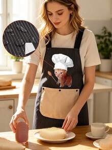 Cute Kitten Apron, Striped Apron, Easy To Wear,Kitchen Apron With Detachable Towels Black Cat Holding Knife With Two Pockets Durable And Easy To Clean, Ideal For Baking, Cooking, Home And Restaurant Use, Holiday Gift, Chef's Essential Apron - Multicolor - View 1