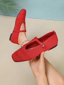 Women's Mesh Mary Jane Flat Shoes, Square Toe Hollow Breathable Buckle Strap Vintage Commute Loafers - Red - View 8