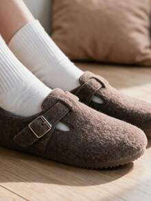 Women's Thermal Lined Warm Buckle Design Wool Felt Closed Toe Flat Shoes, Retro Slouchy Casual Daily Commute Outdoor Wear - Brown - View 10