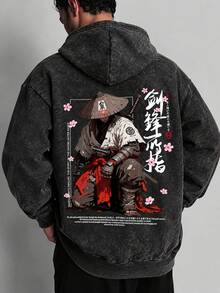 Men's Washed Vintage Hooded Sweatshirt, Autumn/Winter Retro Japanese Ronin Samurai Back Print, Loose Drop Shoulder Streetwear Pullover Hoodie - Black - View 3