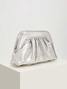 Oversized Women's Elegant Clutch, Minimalist Handbag, Large Capacity Zip Makeup Bag, PU Texture, Suitable For Shopping, Wedding,Party, And Daily Wear - Silver - View 3