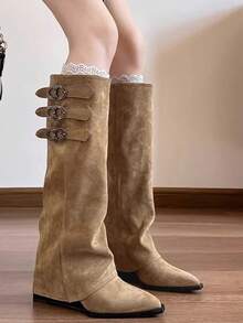 Pointed Toe Hidden Heel Tall Boots With Buckle Strap, Women's 2026 Autumn/Winter New Style, Very Beautiful High Shaft Riding Boots - Khaki - View 1