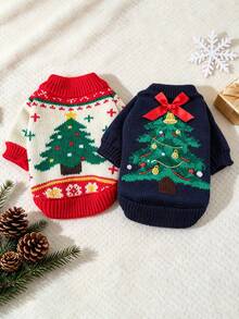 2PCS Pet Clothes Small Dog Puppy Cat Cute Pet Autumn/Winter Holiday Party Atmosphere Outfit Design Breathable Skin-Friendly Warm-Keeping Cold-Resistant Sweater Set Christmas Sweater - Navy Blue Tree + Green Christmas Tree Sweater - Multicolor - View 10