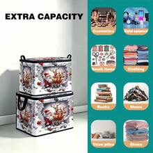 1PC Santa & Reindeer Breaking Wall Print Storage Box With Handles, Large Capacity Zipper Organizer For Closet & Under Bed - Multicolor - View 6