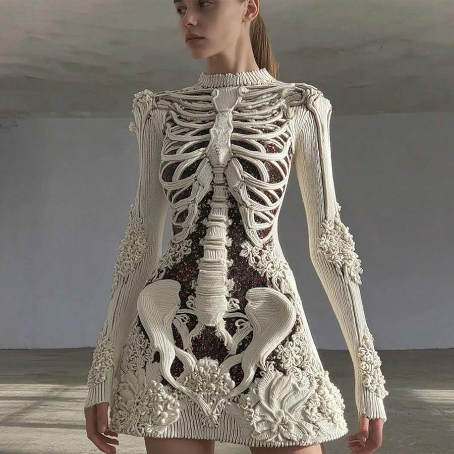Vestido Mini Gótico para Mujer, Diseño 3D de Esqueleto con Rosas y Encaje, Tejido Elástico, Manga Larga, para Halloween, Día de Muertos, Cosplay y Fiesta - Rosa coral - Ver 1