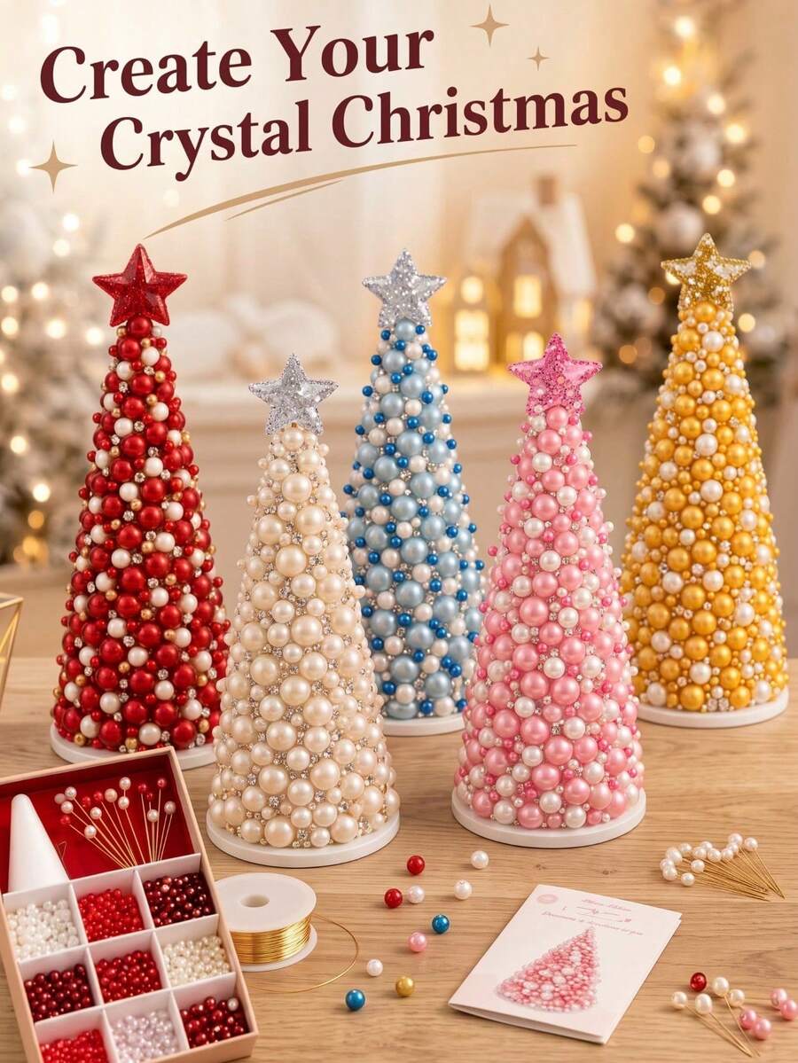 1 Set DIY Beaded Christmas Tree Craft Kit, 5 Color Options, Pearl-Effect Beads, Rhinestone Accents & Glitter Star Topper, Christmas Home Decor, Handmade Tabletop Centerpiece For Shelf & Mantel Display, Festive Party Decoration & Holiday Gifts - DIY Bead Christmas Tree - View 1