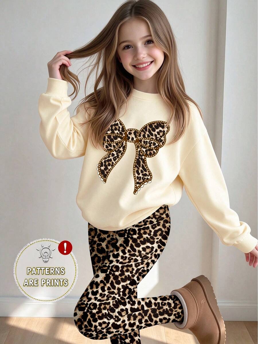 2 Pieces Set Suitable For Girls And Teens, Round Neck Sweatshirt And Leggings Set With Leopard Print Bow Pattern, Suitable For Autumn/Winter, Campus Style, Homecoming Outfit - Multicolor - View 1