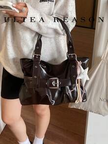 1pc Solid Color PU Leather New Women's Backpack, Shoulder Bag, Tote Bag, Fashion Square Handbag, Double Handles, Suitable For Commuting, Shopping, Dating, Work - Coffee - View 4