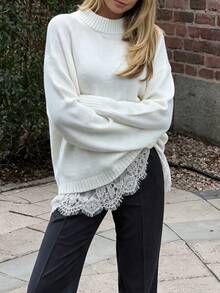 Fall/Winter White High Neck Lace Patchwork Sweater, Going Out To Business Knit Long Sleeve Top - White - View 8