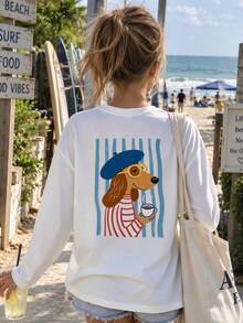 Girls White Round Neck Long Sleeve T-Shirt, Cute French Dachshund Coffee Cartoon Back Print, Loose Casual Autumn Top, Suitable For Teenage Girls - White - View 1