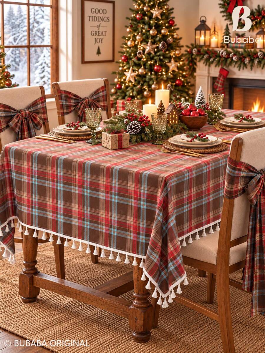 Christmas Plaid Tablecloth With Tassel Fringe, Polyester Rustic Farmhouse Holiday Table Cover For Dining Room Kitchen Christmas Party Decor Christmas Decrotions Christmas Decorations For Home - Red - View 1