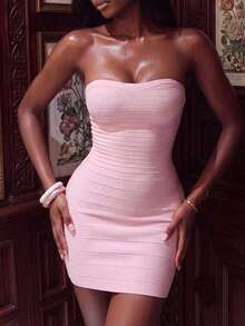 Textured Knit Pink Solid Color Strapless Mini Bodycon Tube Skirt For Women, Fitted Bodycon Design, Suitable For Street, Party, Nightclub, Date Outfit - Pink - View 2